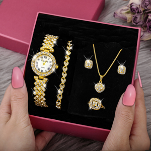 Luxury Vintage 5-Piece <strong>Set</strong> Full Crystal Diamond Necklace Earrings and <strong>Watch</strong> for Women <strong>Gold</strong> Plated Zircon Jewelry Gift - Product Image 3
