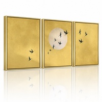 Décoration Murale Luxe Style Japonais Oiseau et Lune, Cadre en Aluminium Doré Mat, 3 Pièces pour Villa, Hôtel, Suite, Boutique, Maison, Appartement