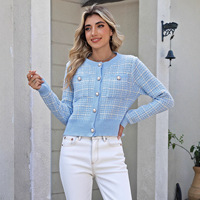 Cardigan en tricot jacquard à carreaux pour femme, élégant, avec boutons perlés, veste courte de luxe pour l'hiver