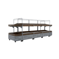 2-laags metalen houten groentepresentatiestandaard met manden, stabiel, draagvermogen, brede lay-out voor supermarktproductpresentatie