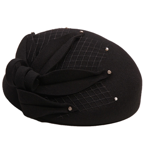 Chapeau de fête vintage en feutre de laine pour <span class=keywords><strong>femme</strong></span>, style derby, avec perles, voile, fleur, forme pilulier, hiver, peluche, imprimé - Fascinator en gros - Product Image 1