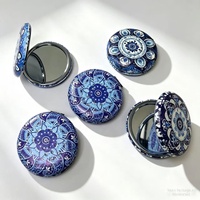 Cermin Kompak Pola Mandala Biru Vintage, Cermin Rias Saku Lipat Dua Sisi, Cermin Kosmetik Portabel untuk Perjalanan, Cocok untuk Hadiah