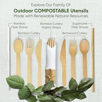 Ensemble de Couverts de Luxe en Bambou Écologique Biodégradables Jetables Fourchettes Couteaux Cuillères 140mm Serviettes Pré-Roulées pour Alimentaire