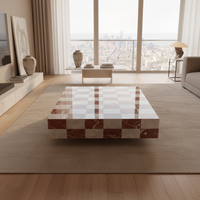Table basse moderne en marbre Disen avec rangement, design damier rouge et blanc, forme carrée, mobilier de maison