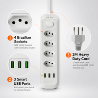 Regleta de Enchufes Brasileña de 4 Vías con Logotipo Personalizado al por Mayor, 3 Puertos USB de Carga Rápida, Carcasa Resistente al Fuego, Enchufe de Extensión Duradero