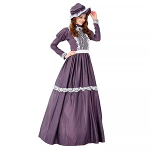 European American Style Women's Long Dark <b>Purple</b> Satin Dress Set With <b>Hat</b> Noblewoman Princess Retro Court Gown Full Sleeve - Product Image 2