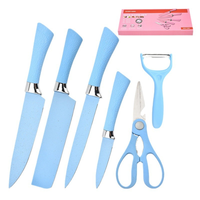 Vente directe d'usine, logo personnalisé, couteau en acier inoxydable 3CR13 bleu rose, ensemble de six couteaux ambidextres avec manches en plastique écologiques