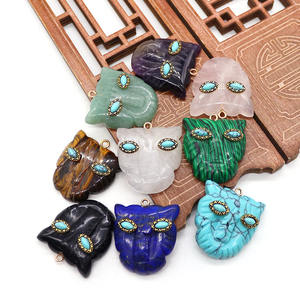 אבן חן מגולפת חצי יקרה תליון קסם ראש נמר אבנים טבעיות רוז קוורץ מלאכיט 18K זהב פאנק סִגְנוֹן מתנה לשני המינים - Product Image 1