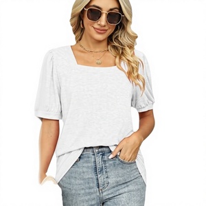 T-shirt décontracté pour femme J1, best-seller, couleur unie, en polyester, col rond, manches courtes froncées papillon, anti-boulochage, tricoté - Product Image 3