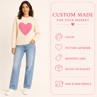 Pull en tricot torsadé à col rond pour femme, motif cœur rose jacquard, manches longues, coupe ample et décontractée