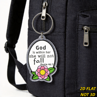 Porte-clés « Dieu est en elle, elle ne tombera pas » - Verset biblique Psaume 46:5 avec fleur rose, breloque ovale en acrylique pour clés ou sac