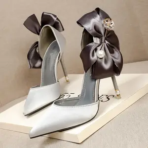 support OEM/ODM fashion sexy pointed satin bowknot thin heels pearl high heel pumps for women