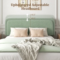 Cadre de lit moderne réglable en tissu bouclé vert sauge avec tête de lit incurvée en tissu Teddy doux, lit plateforme sans sommier requis