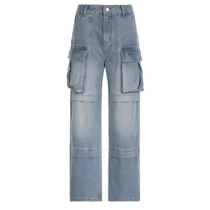 Pantalones vaqueros de cintura alta para mujer, pantalones casuales sueltos con bolsillos simétricos, tendencia urbana, Fabricante Mayorista de Europa y América - Product Image 5