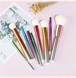 Ensemble de 9 pinceaux de maquillage plats de haute qualité à poils denses, personnalisables, couleur rouge et or, électro-plaqué, luxe, YRX - Product Image 4