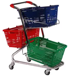 Розничная продажа, Двухуровневая Тележка для покупок в супермаркете с двойной корзиной для продажи