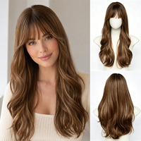 Perruque synthétique longue ondulée châtain brun avec mèches blondes, frange fine, résistante à la chaleur, ligne de cheveux naturelle, sans colle, ajustable
