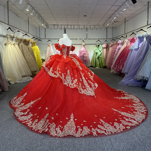 Robes de mariée rouges élégantes en organza avec broderie, robe de bal, col cœur, manches courtes Dy1261-1 - Product Image 2