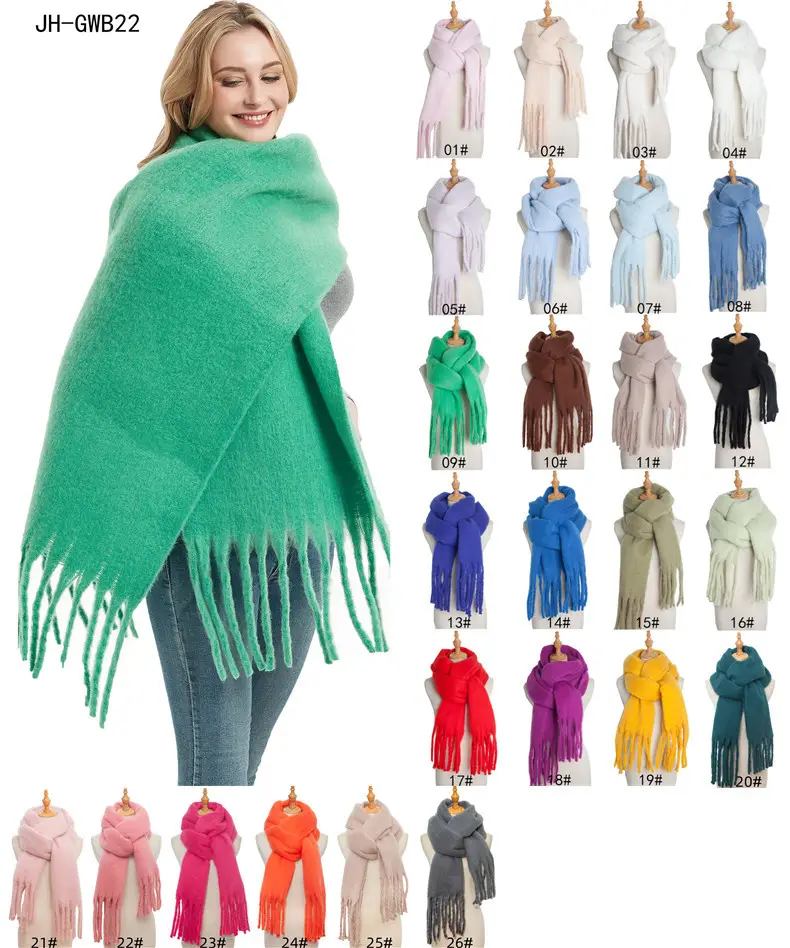 Оптовая продажа, популярная женская толстая кашемировая Пашмина с запахом, шаль из полиэстера, плед, однотонный зимний шарф