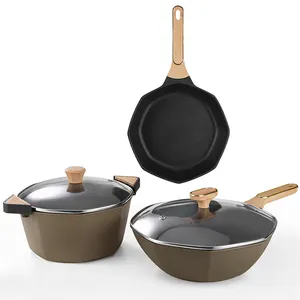 Supplier 100% Food Grade wooden handle Full Set Die Cast Aluminum Kitchen Cookware Sets Non Stick pots and pans