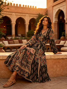 Casual <strong>Boho</strong> Paisley Print Maxi <strong>Dress</strong> V Neck Long Puff Sleeve Tiered Ruffle Long Women <strong>Dress</strong> - Product Image 4