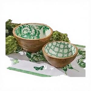 Bol en bois de manguier émaillé fait main, écologique et luxueux, avec motif floral aquarelle bleu, style rustique, pour servir des salades - Product Image 2