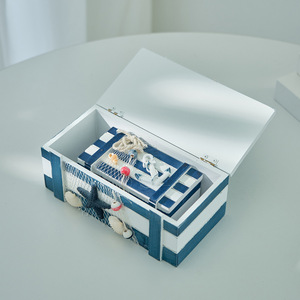 Boîtes de rangement en bois de style méditerranéen, ensemble de 2 boîtes à bijoux rectangulaires décoratives avec motif sur le thème de l'océan pour la maison et les voyages - Product Image 3