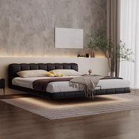 Lit double flottant en bois de luxe avec lumière douce pour chambre principale, cadre de lit moderne en cuir, lit king-size ou queen-size, cadre de lit design et confortable