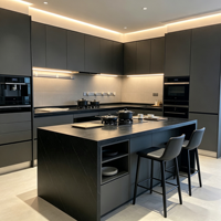 Meuble de cuisine moderne gris beige sans poignée, panneau plat avec comptoir en quartz, appareils électroménagers encastrés, éclairage LED, design minimaliste