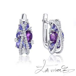 Pendientes de Plata 925 con Incrustaciones de Tanzanita, Amatista y Zafiro Blanco Sintético de la Serie Counterattack - Product Image 5