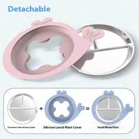 Assiettes pour tout-petits en acier inoxydable avec manchons d'aspiration amovibles en silicone pour chaises hautes pour bébés, ensemble cuillère et fourchette