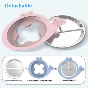 ชุดช้อนส้อมทรงสูงสำหรับเด็กหัดเดินแผ่นเหล็กดูดซิลิโคนแบบถอดออกได้ทำจากสเตนเลสรูปสัตว์ปลาวาฬ - Product Image 3