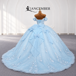 Lsdz023-Pz Impresionante Vestido de Quinceañera Azul Cielo con Volantes, Manga Corta, Apliques de Encaje Floral Brillante, Estilo Princesa, Jancemebr - Product Image 4