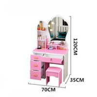 Table de toilette moderne en bois avec miroir éclairé, tabouret, tiroirs et étagères multi-rangements pour petite chambre à coucher