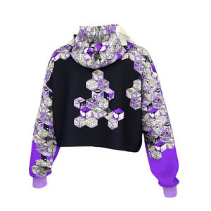 Sudadera con capucha corta para mujer de diseño abstracto en azul púrpura 280 GSM tela de poliéster de algodón nuevo con cuello con capucha - Product Image 6