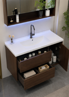 Meuble-lavabo mural moderne en marbre avec miroir LED et vasque intégrée pour hôtel, appartement, villa – Personnalisable