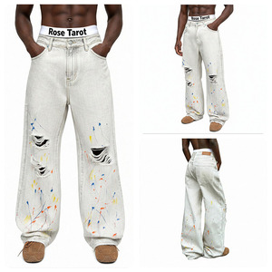 Nouveau <span class=keywords><strong>pantalon</strong></span> en jean tendance de marque, coupe droite ample, <span class=keywords><strong>blanc</strong></span> délavé, de haute qualité, avec trous et motif graffiti - Product Image 2
