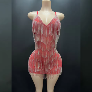 Nuevo Vestido Casual de <span class=keywords><strong>Moda</strong></span> con Cristales para Mujer, Vestido Halter sin Mangas con Borlas de Diamantes de Imitación, Mini Vestido Sexy para Club Nocturno de Verano - Product Image 1