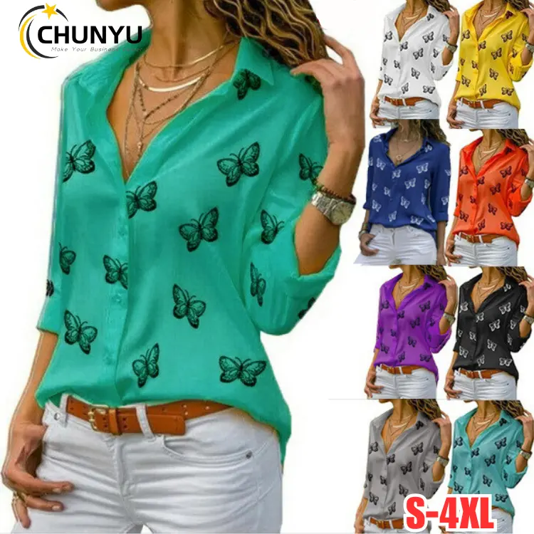 Camisas de gasa con cuello de solapa informales ajustadas para mujer, blusa de negocios con botones, Blusa de manga larga de gran tamaño