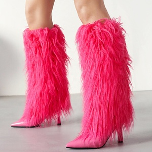 Large Size 46 Women High Heels Plush Fur Long Booties on Fluffy Knee High <b>Boots</b> Winter Furry Snow Shoes - Product Image 4