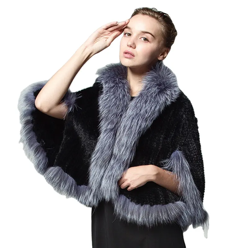 Fashion mantel jaket tanpa lengan musim dingin rajutan mantel bulu rubah perak kerah bulu mantel tanpa lengan untuk wanita