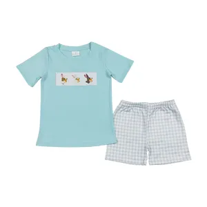 BSSO0414 Light blue bunny carrot embroidered checkerboard shorts cotton baby girl clothing set toddler girl clothing