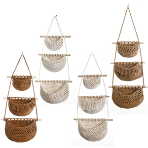 Panier à fruits tissé à la main, suspendu au mur, peut être divisé en trois sections, panier de rangement en corde de coton - Product Image 2