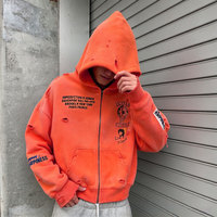 Sweat à capuche zippé streetwear en coton délavé à l'acide, coupe oversize, épais, avec broderie personnalisée et effet vieilli