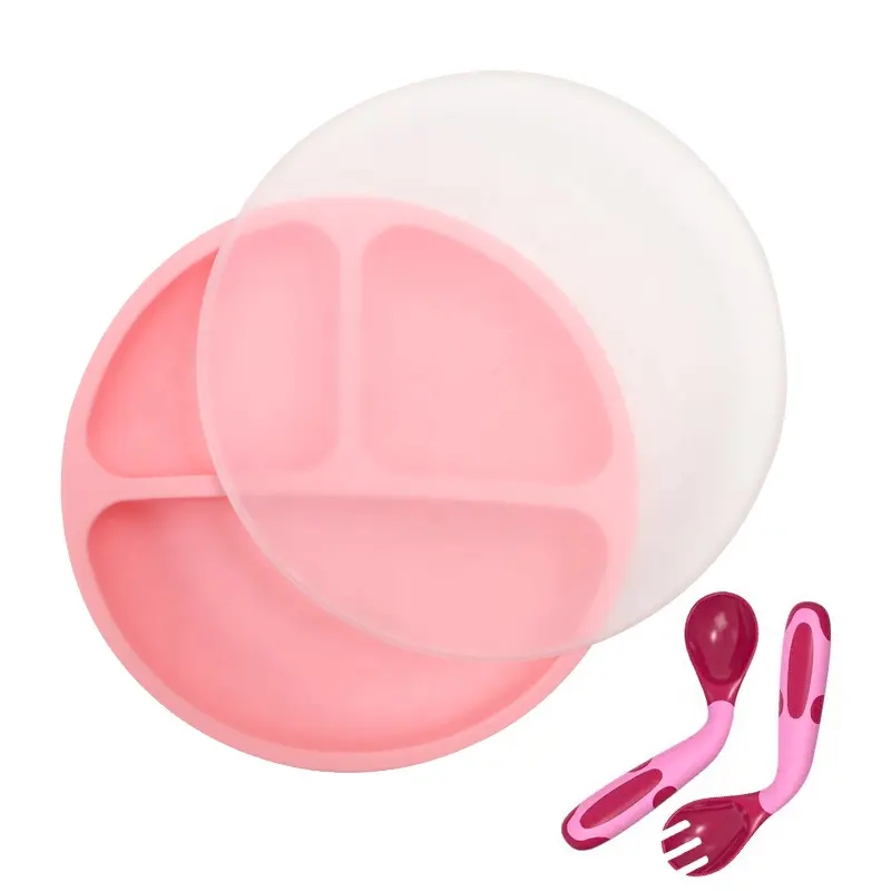 Wellfine Suction Cup Toddler Plates with Suction Custom Baby Plates Silicone with Spoon and Fork