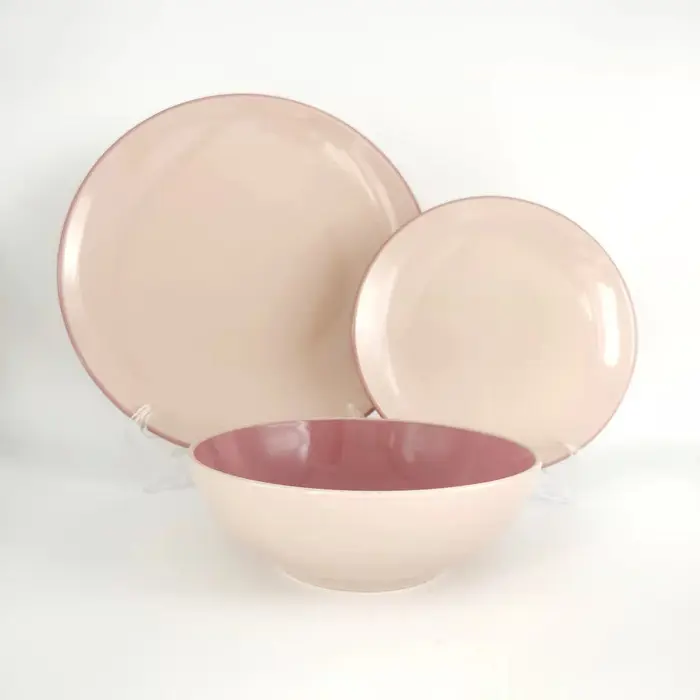 Conjuntos de pratos de porcelana estilo italiano com 12 peças de vidro rosa, utensílios de jantar chineses de cerâmica por atacado, mais vendidos