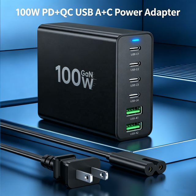 HNT ODM/OEM 100W GaN  PD & QC Fast Charger 2A+4C Multi-Ports Universal Adapter Station for IPhones  17 16 15 Fireproof