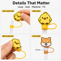 Capuchon de paille en silicone personnalisé, motif dessin animé mignon, avec boucle anti-perte et cache-poussière, pour gobelet, cadeau pour enfants et fêtes
