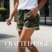 Shorts en jean camouflage taille haute pour femme - Short cargo en jean vert vintage imprimé camouflage avec cordon de serrage - Coupe ample et stylée