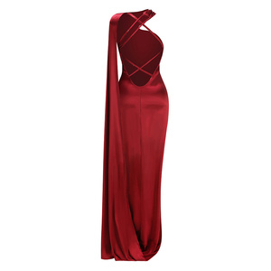 A11307 Abito Lungo da Donna Senza Maniche Monospalla Bordeaux con Drappeggio, Schiena Scoperta e Allacciatura, Vestito Aderente per Serate ed Eventi - Product Image 6